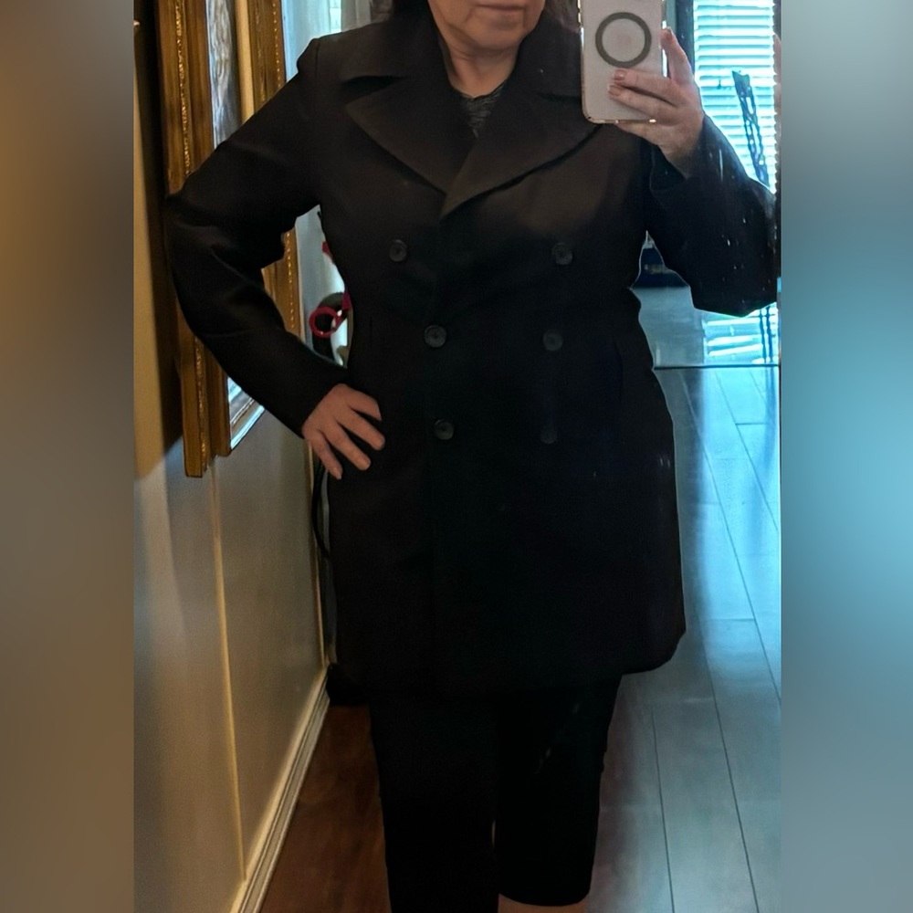 Chic Black Double-Breasted Coat, Imitation Front Pockets